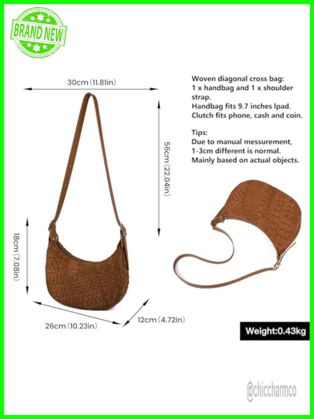 Vegan Leather Woven Crescent Crossbody Bag with Adjustable Strap - Picture 2 of 6